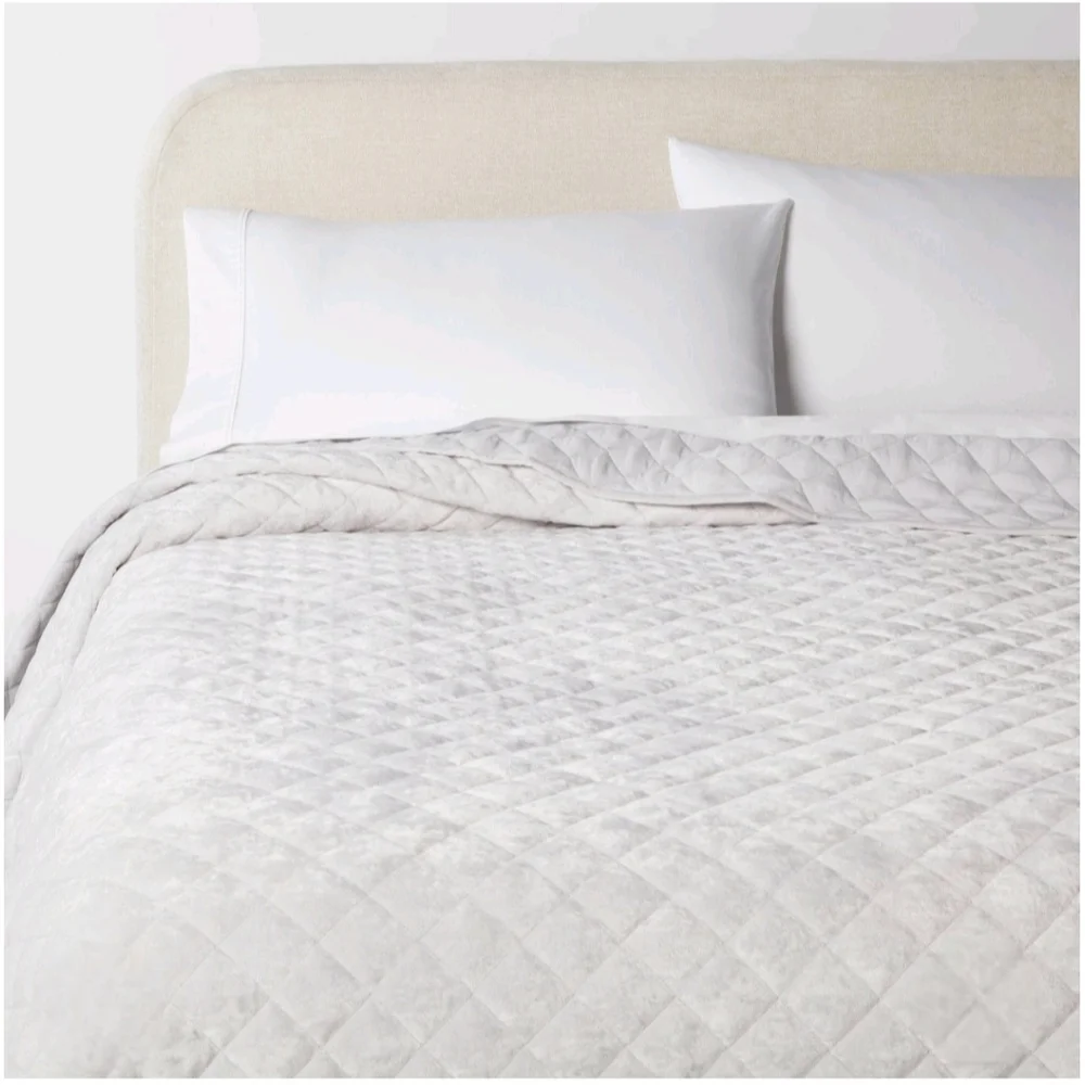 Threshold King Luxe Diamond Stitch Velvet Quilt Light Gray